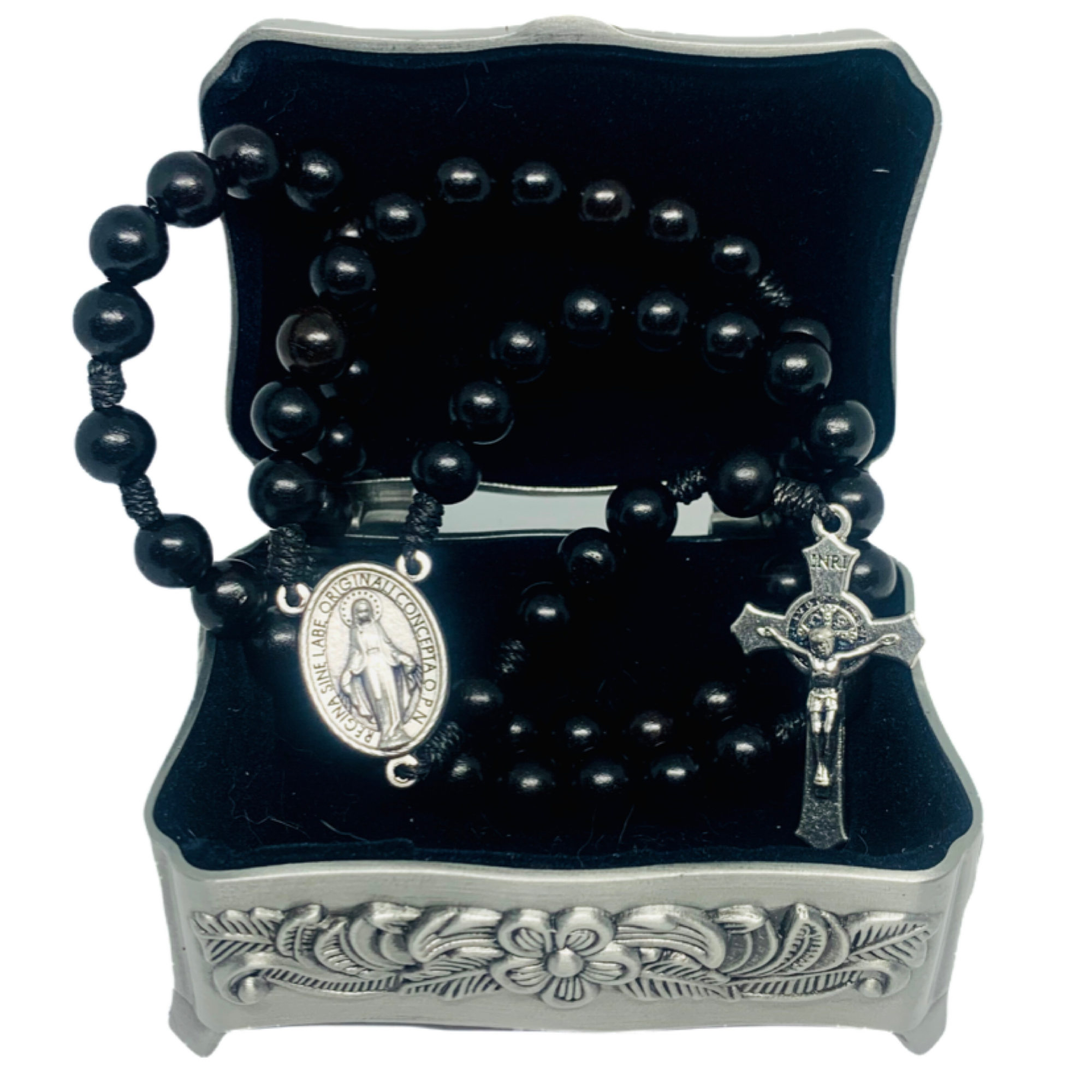 Black Wood Rosary with Saint