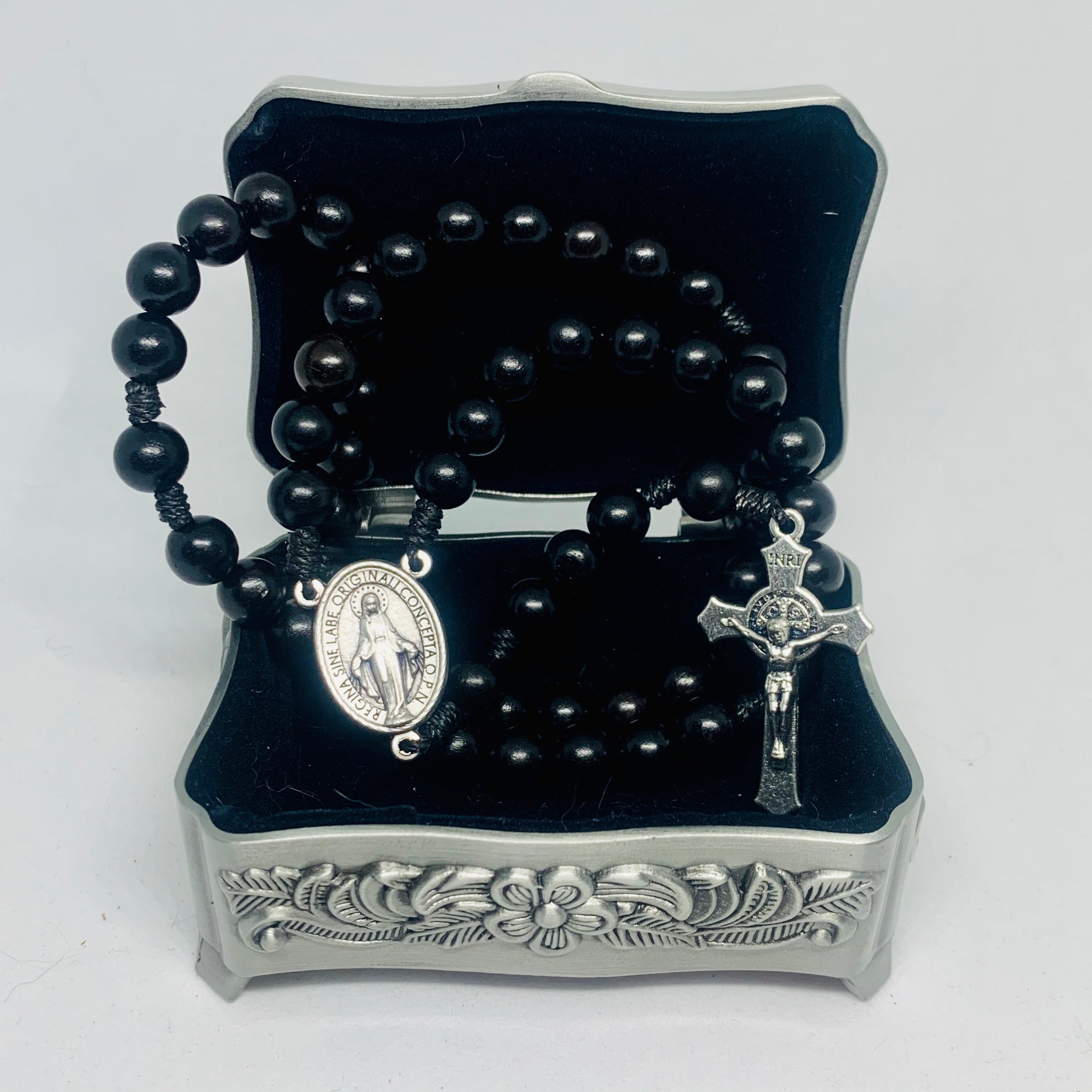 Black Wood Rosary with Saint
