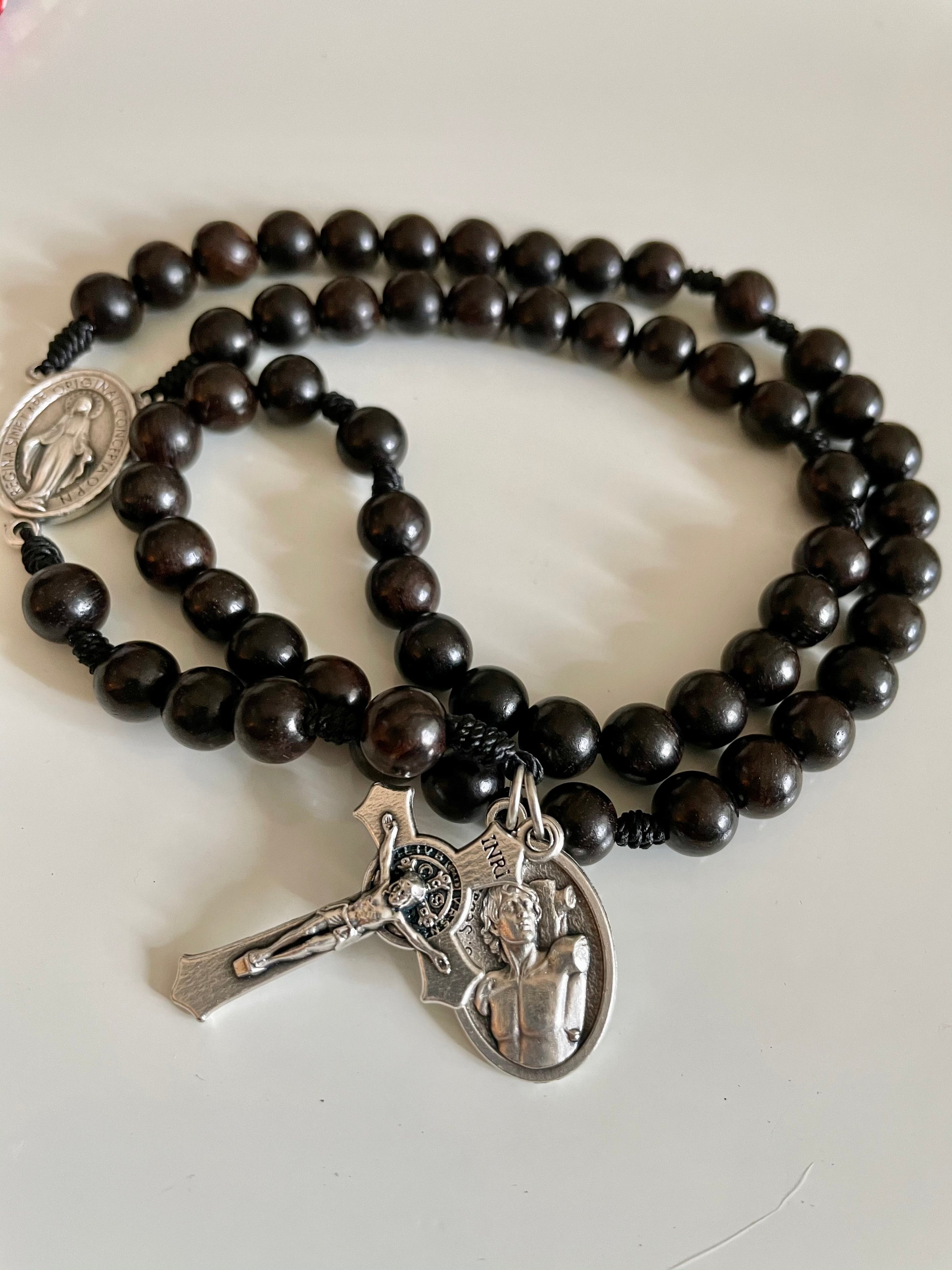 Black Wood Rosary with Saint