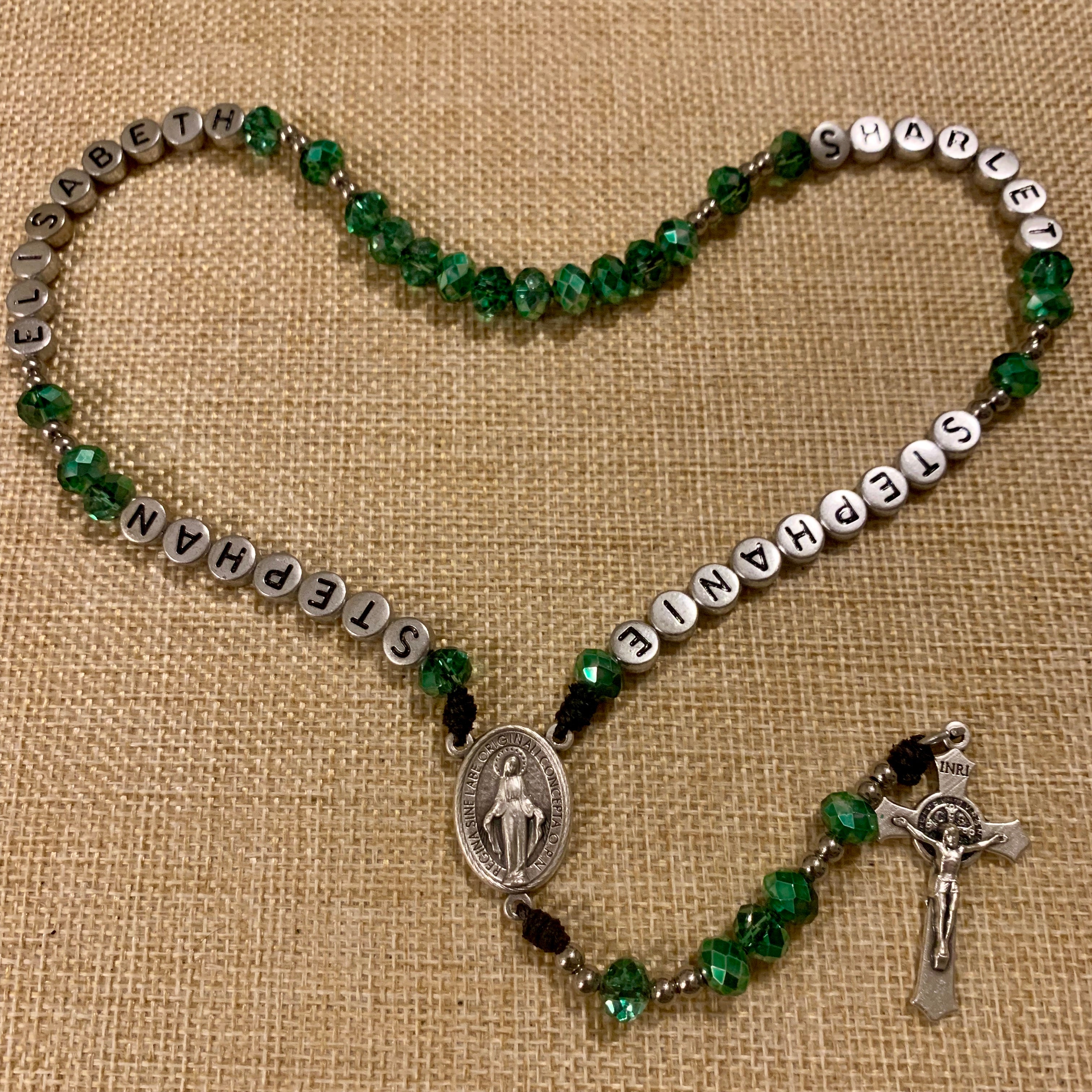 The Green Rosary: A 20in long inspiring, matt crocodile jasper and metal charm rosary, in a cottage style sold made to help you find motivation